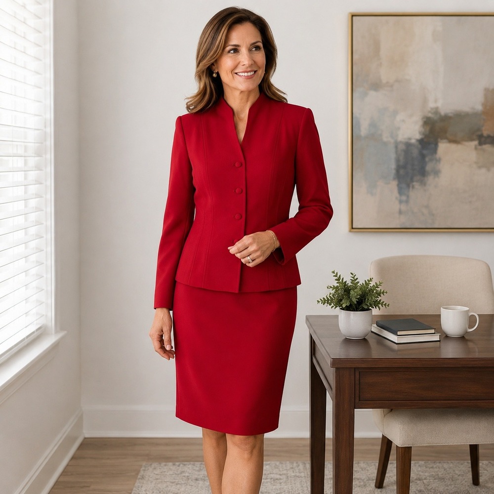 Le Suit Essentials Skirt Suit Petite Red Mandarin Collar Career Women's Size 10P
